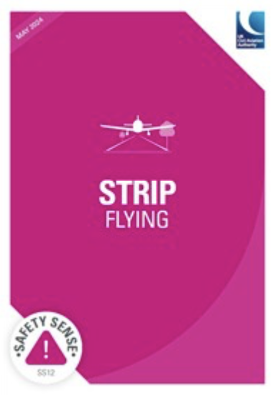 Cover of a book titled 'Strip Flying' with a pink background, a drone illustration, and safety symbols.