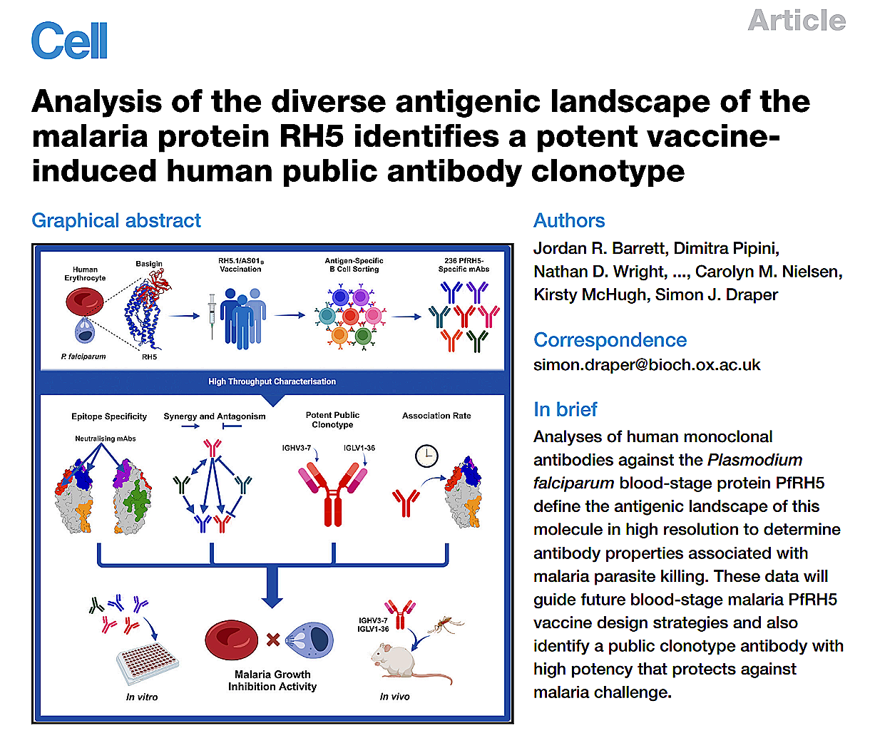 Analysis of the diverse antigenic landscape of the malaria protein RH5 identifies a potent vaccine-induced human public antibody clonotype