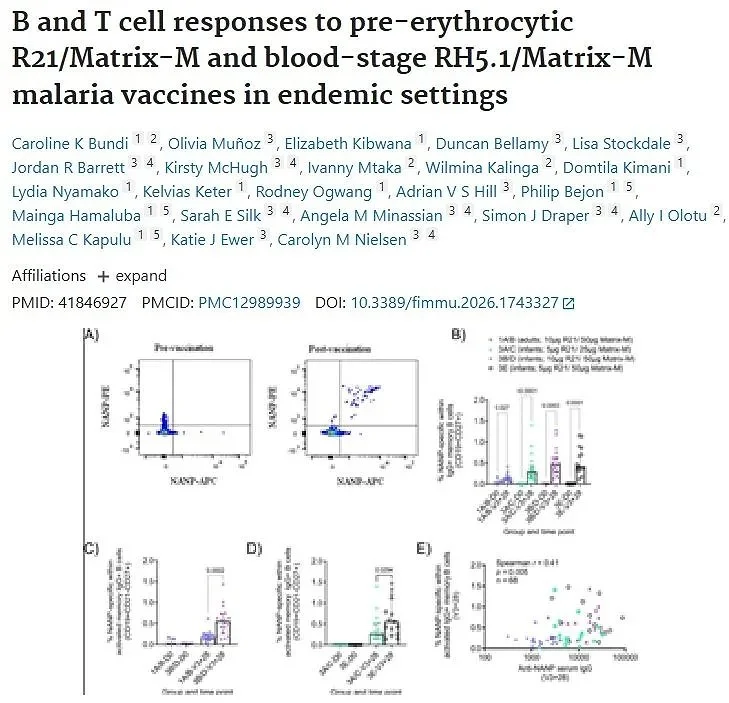 B and T cell responses to pre-erythrocytic R21/Matrix-M and blood-stage RH5.1/Matrix-M malaria vaccines in endemic settings