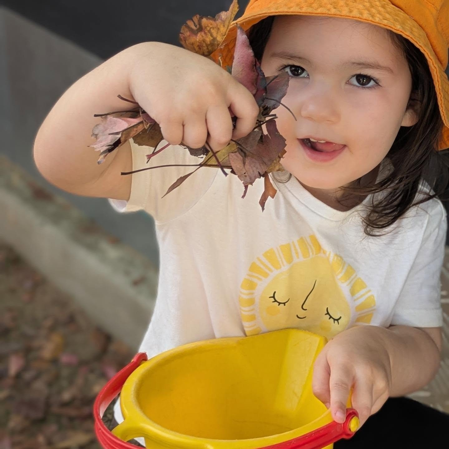 Brightside early learning centre child, playing with leaves in the outdoor environment. 
