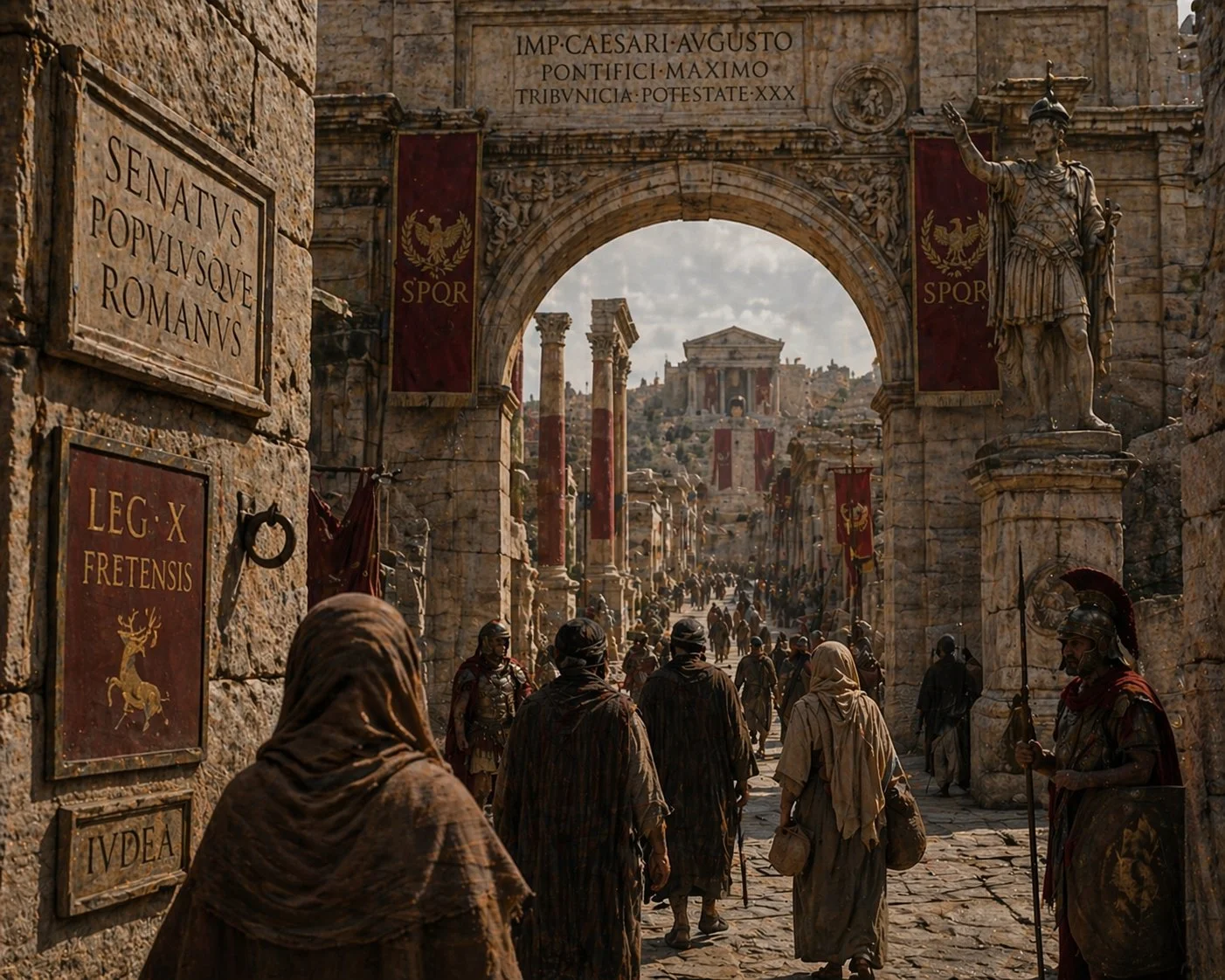 Ancient Jerusalem street under Roman rule, featuring stone arches, Latin inscriptions, banners, and soldiers as people walk through a city marked by Roman authority.