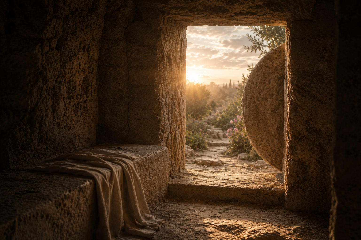 Dawn light enters through a stone doorway, suggesting hope and quiet recognition.