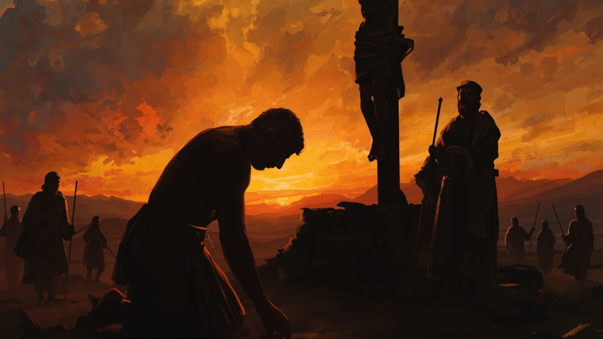 A man kneels on rocky ground at dusk with a blurred cross in the distance, suggesting grief and unresolved questions.