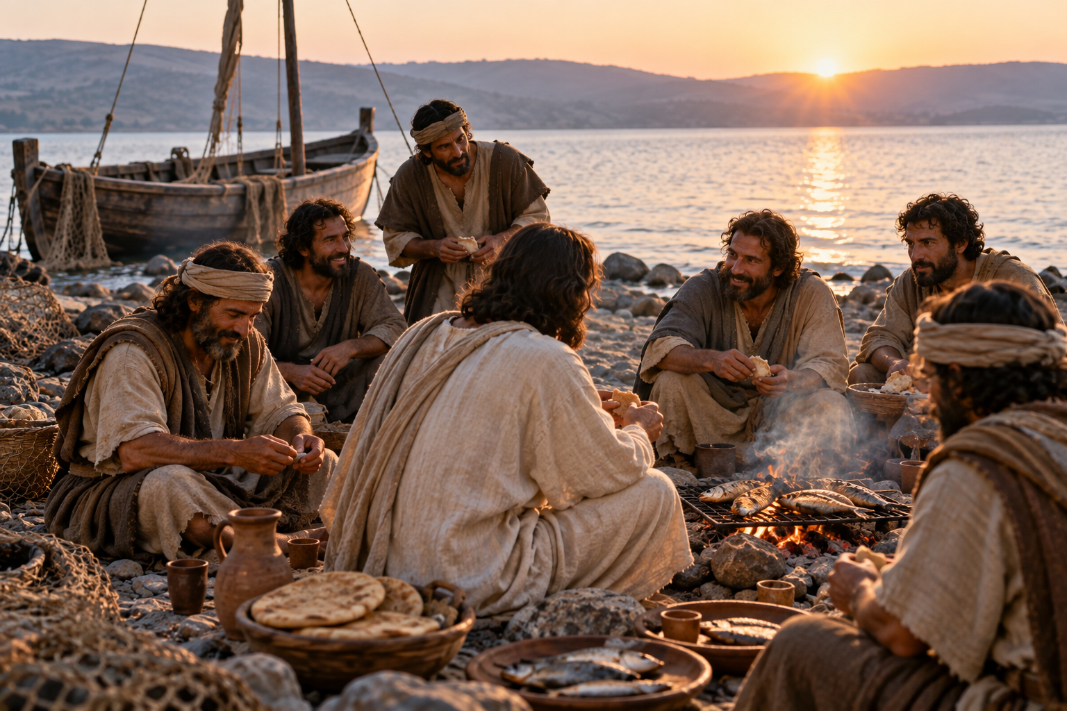 First-century disciples gathered with Jesus around a charcoal fire beside the Sea of Galilee.