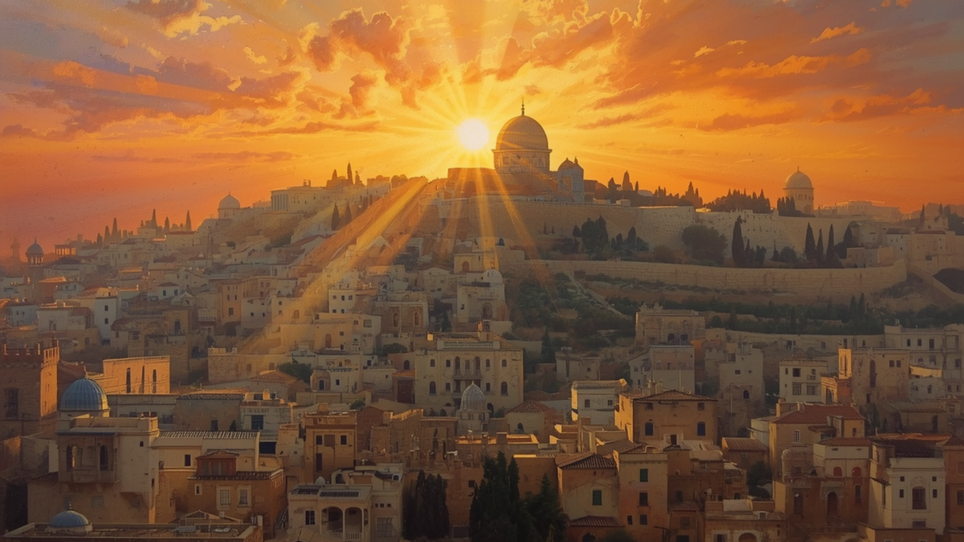 A stone hillside near an ancient city at sunset, with fading golden light suggesting urgency before nightfall.