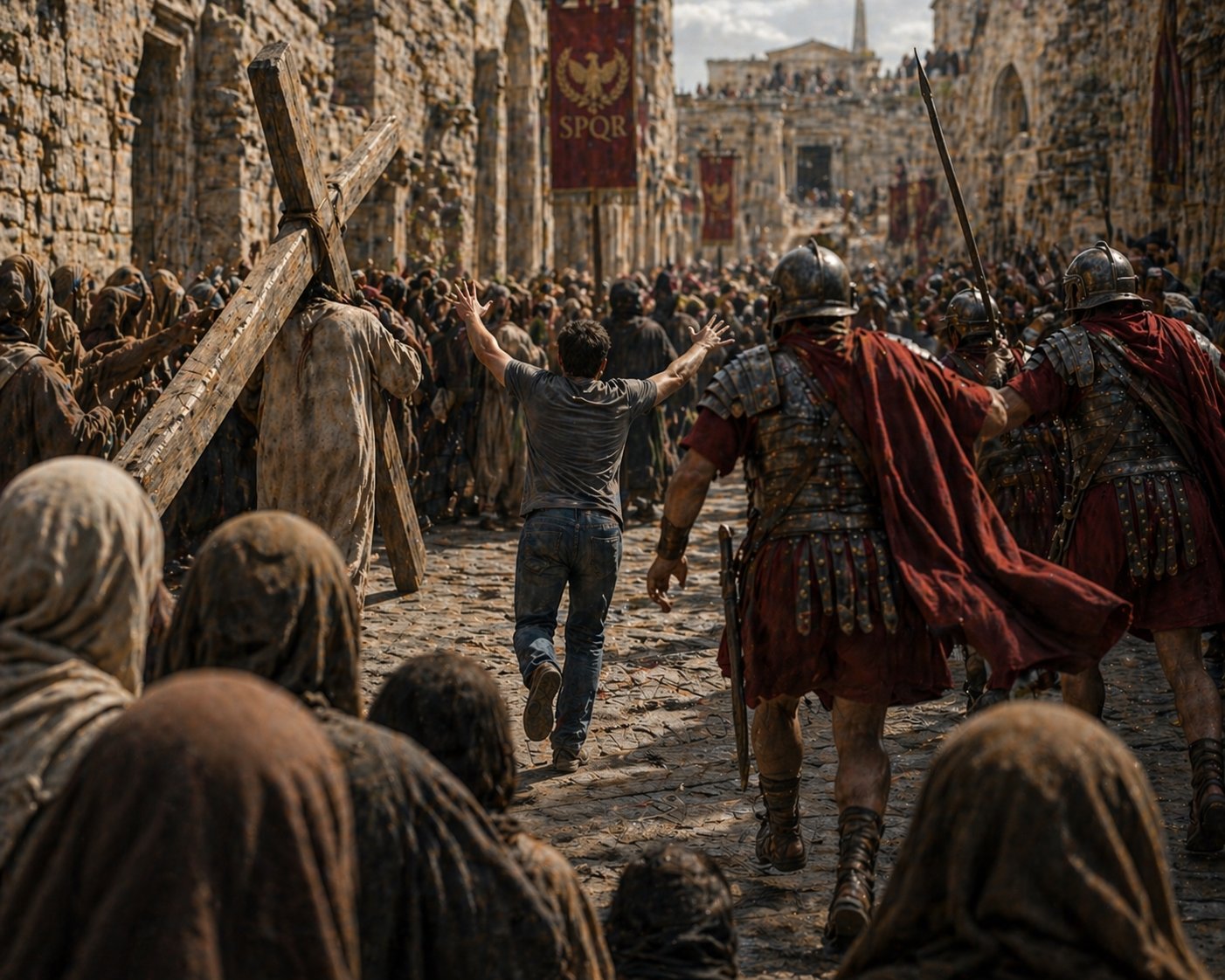 A modern man running with arms raised through a crowded ancient street toward a man carrying a cross, while Roman soldiers move to intercept him.
