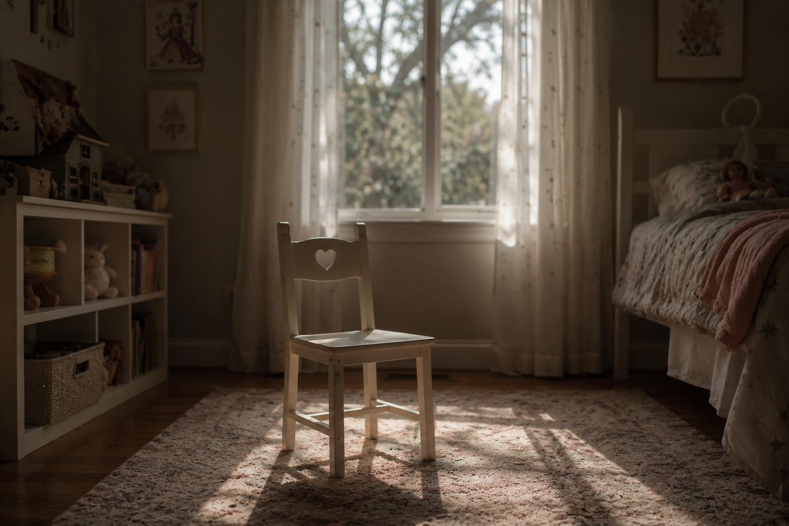 An empty chair sits in a quiet room with soft light, suggesting grief and absence.