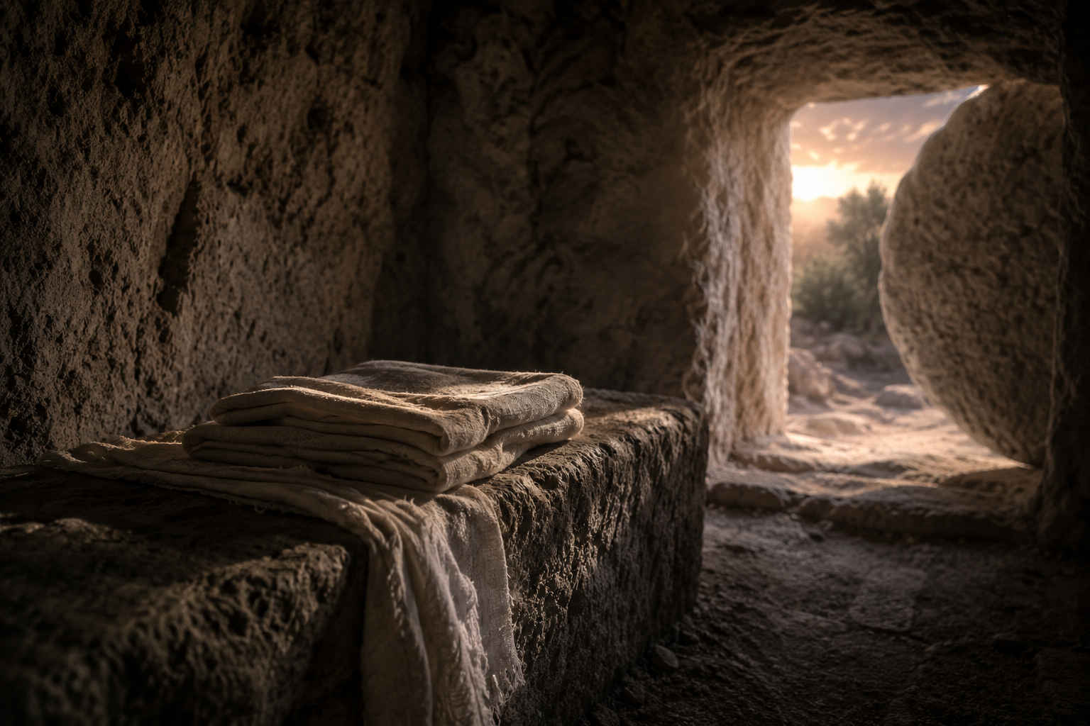 Folded linen cloths lie inside an empty stone tomb with soft morning light entering.