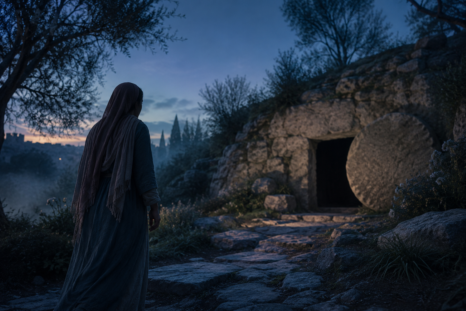 Mary Magdalene approaches an empty garden tomb before dawn, with the stone moved and dim light in the sky.