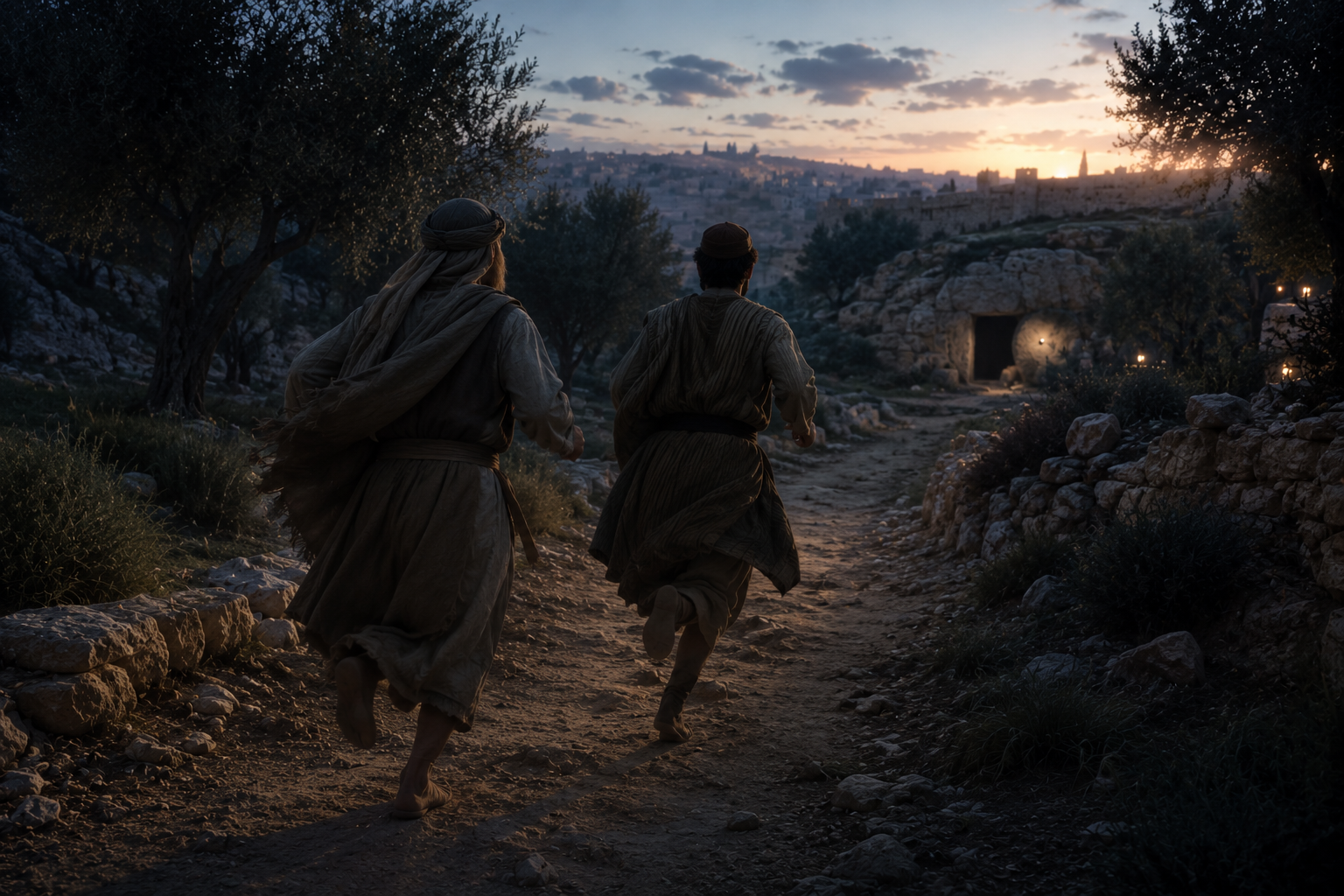 Two disciples run along a dusty path toward the empty tomb in the early morning light.