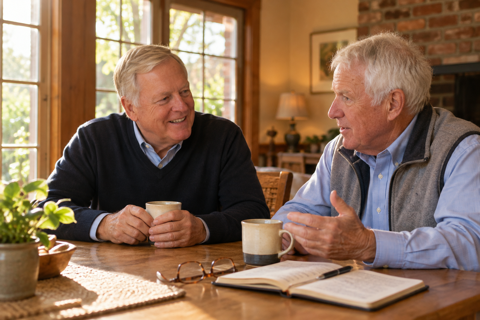 Older man listening attentively to another person across a table in a sunlit home.