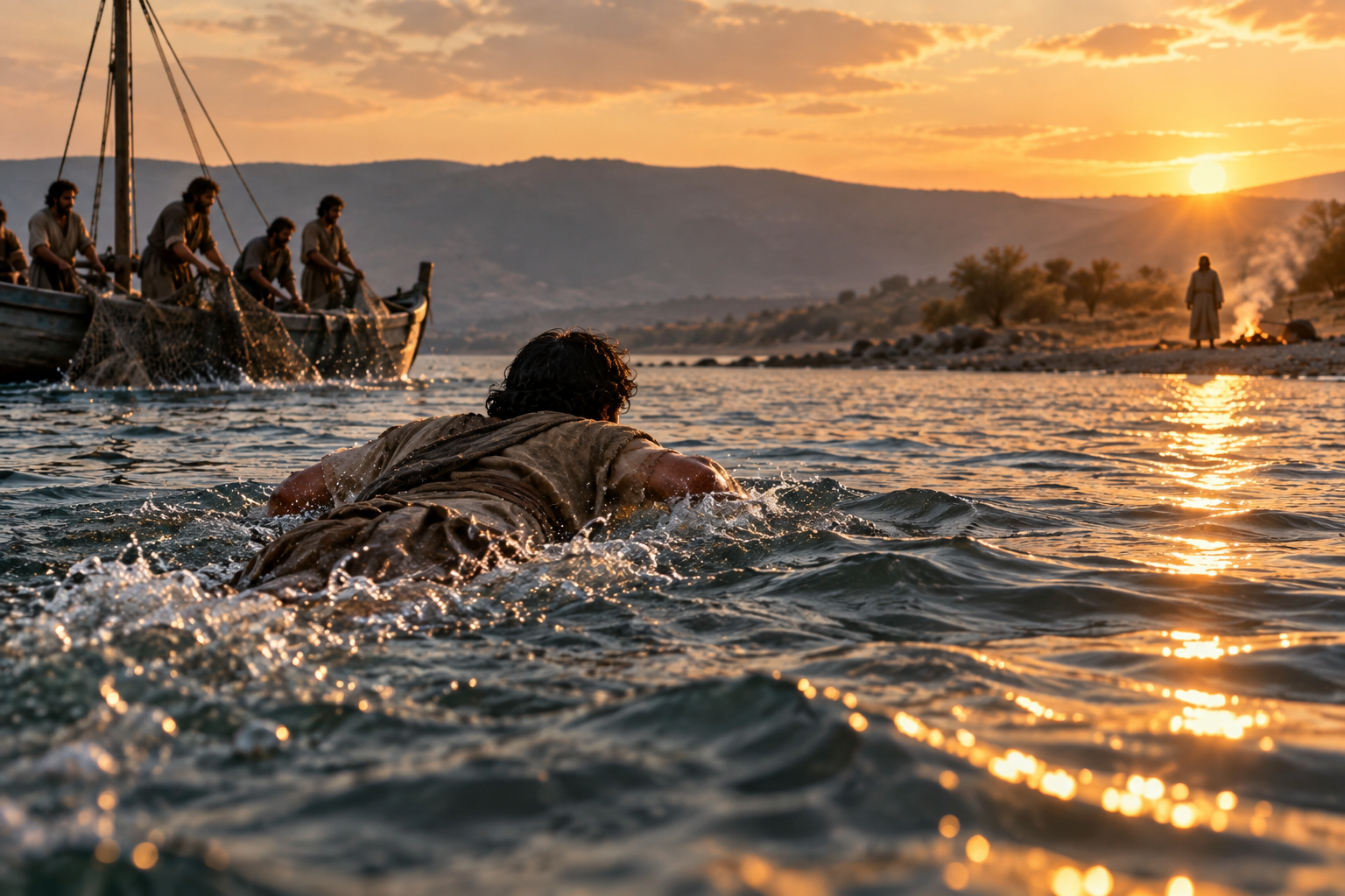 Peter swimming toward Jesus on the Galilean shore while the other disciples remain with the fishing boat.