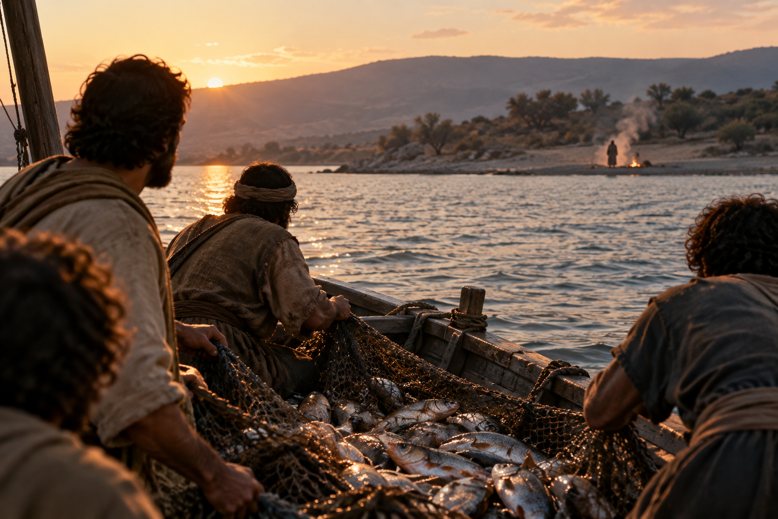 First-century fishermen in a boat at dawn looking toward a distant man beside a fire on the shore of the Sea of Galilee.