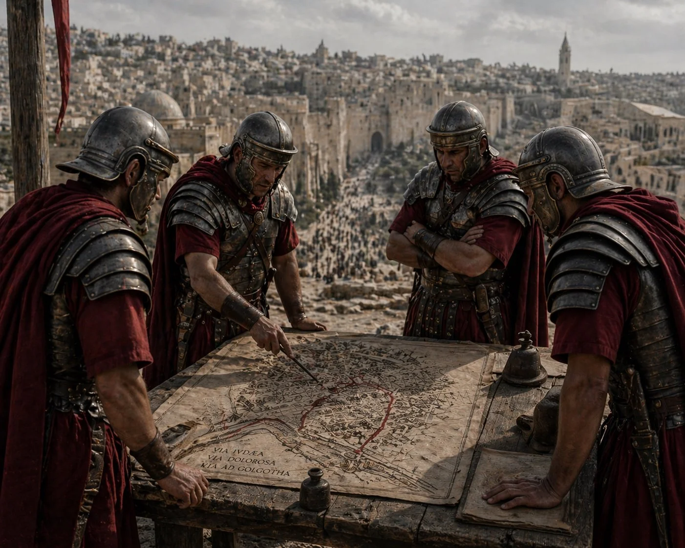 Group of Roman soldiers gathered around a map in ancient Jerusalem, discussing and pointing to a route through the city, with crowds visible in the background.