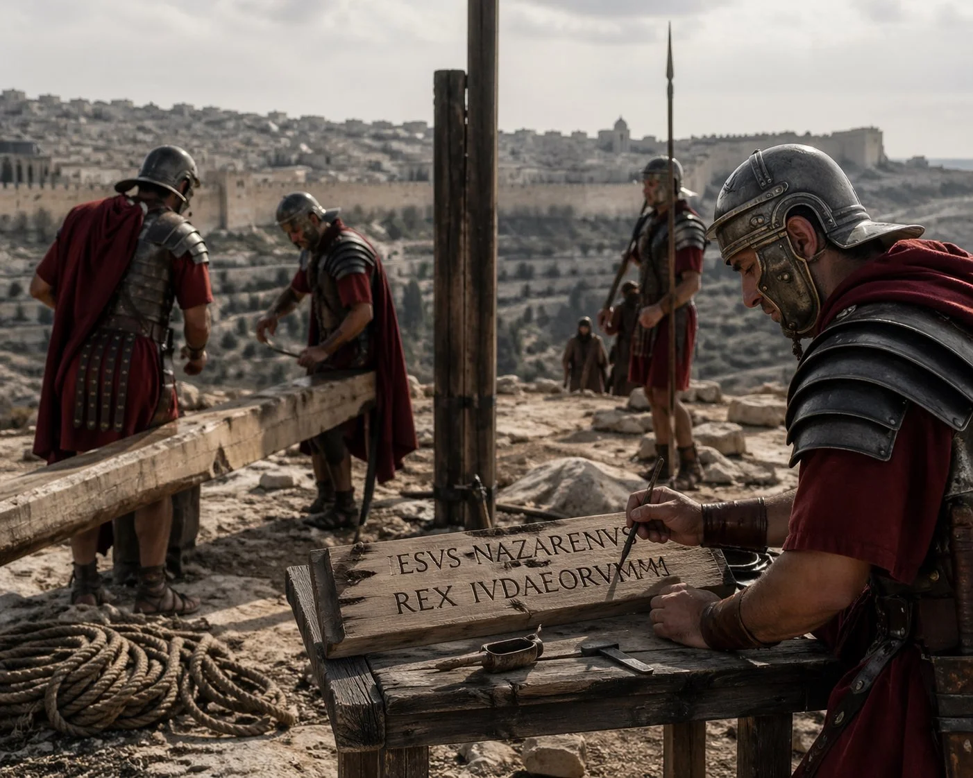 Roman soldiers in first-century Jerusalem preparing a wooden crossbeam and carving an inscription, working with calm, practiced movements on a hill outside the city.