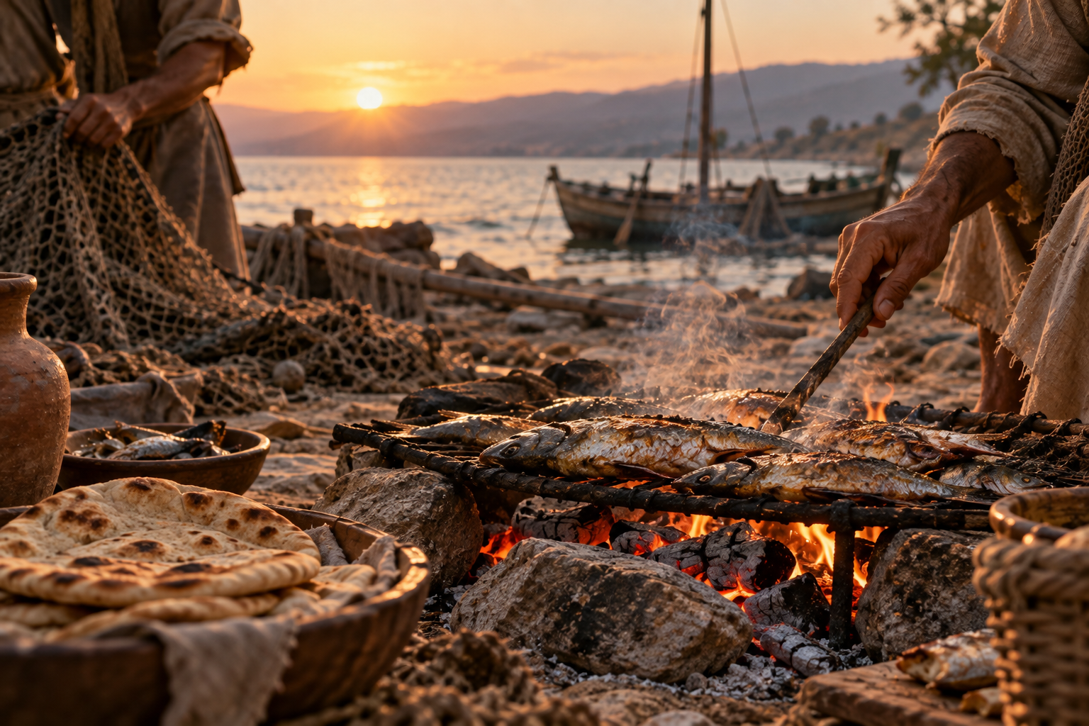 Fish and bread beside a charcoal fire on the shore, representing the breakfast Jesus prepared for his disciples.