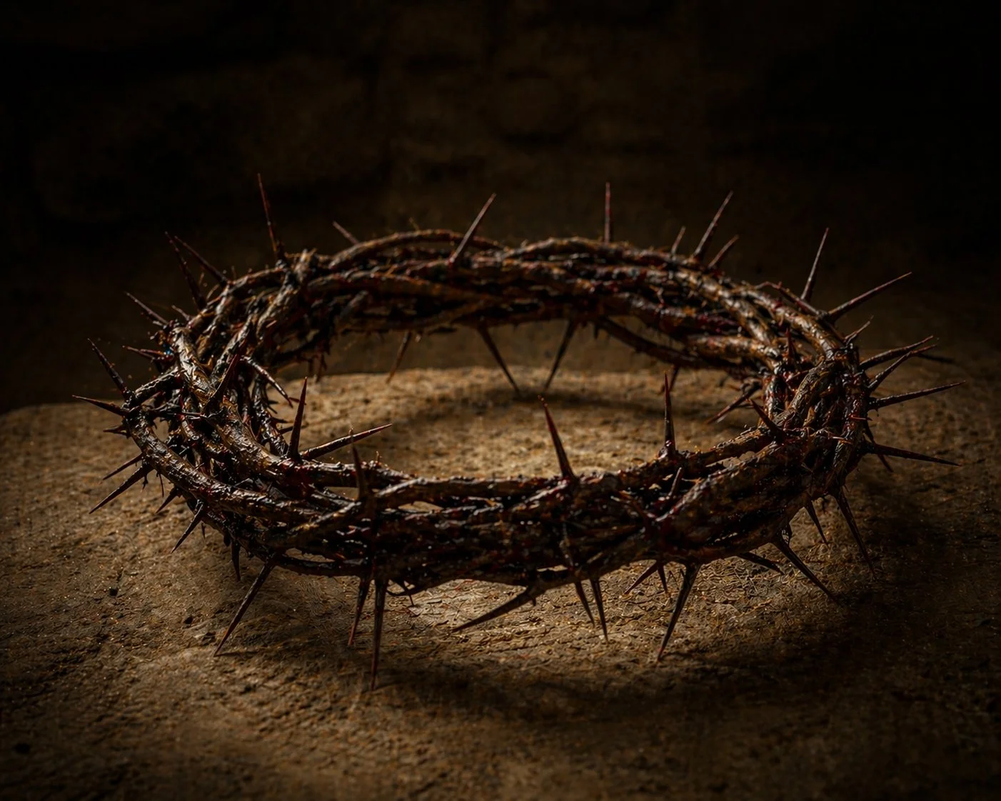 Close-up of a crown of thorns resting on a stone surface, lit dramatically with a dark, blurred background emphasizing its sharp, twisted branches.