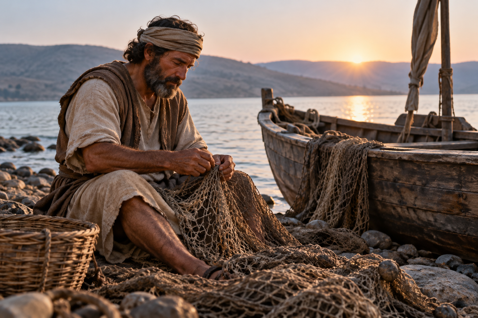 First-century Galilean fisherman tending his nets beside a wooden boat at dawn.