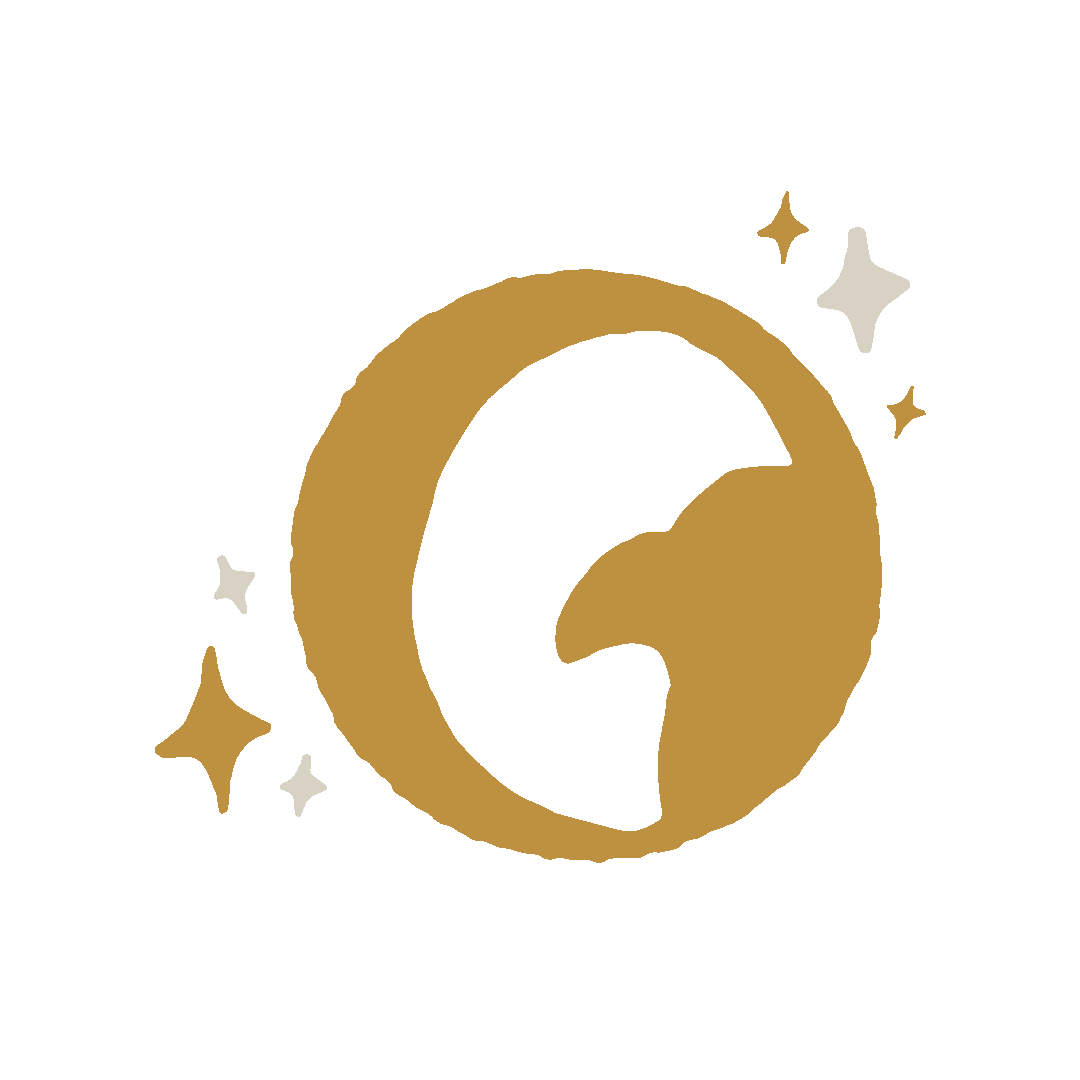 Golden crescent moon with black silhouette at the center, surrounded by white and gold star-like sparkles.