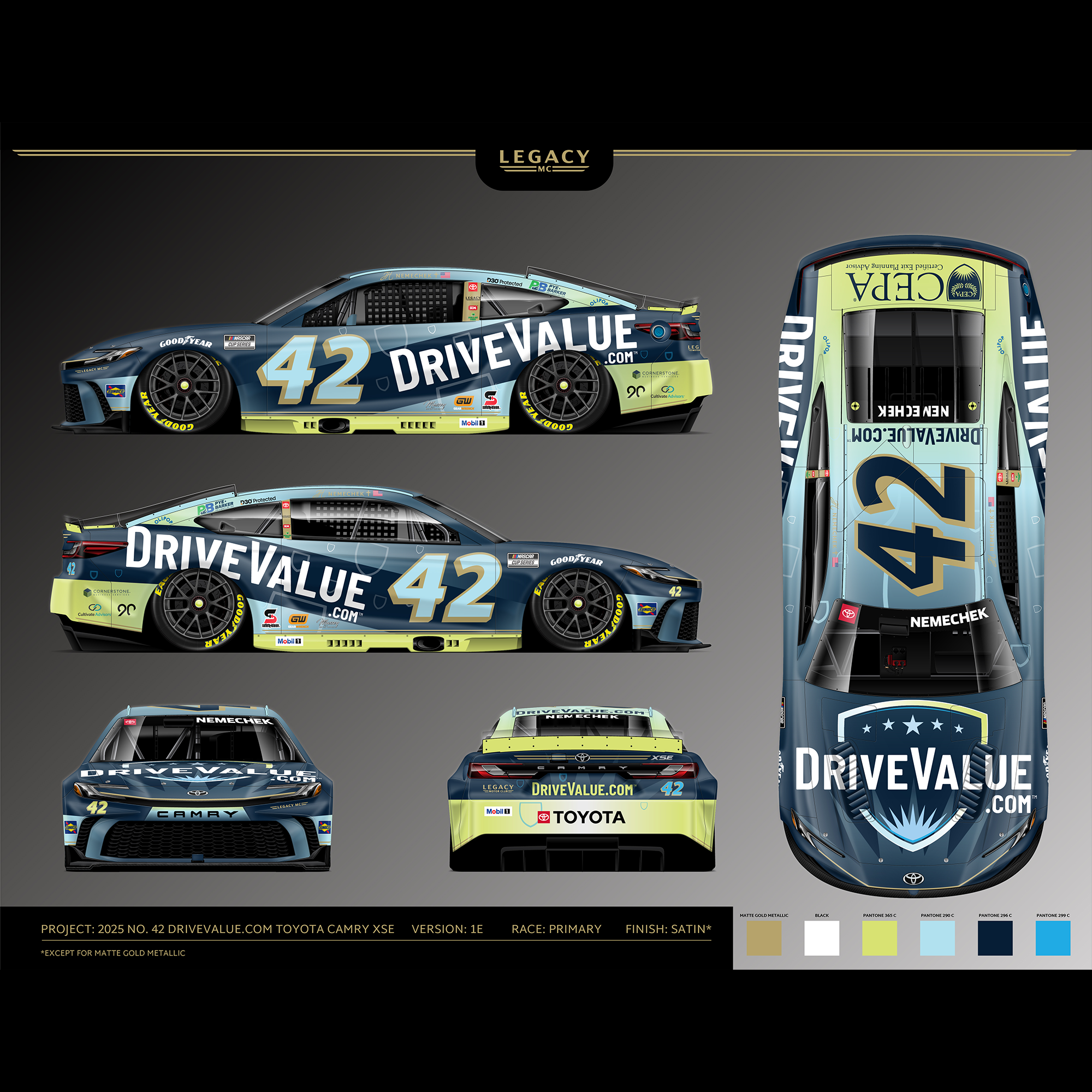 Toyota Camry race car with blue and yellow livery, number 42, sponsored by DriveValue.com, shown from side, front, back, and top views with various sponsor logos and racing details.