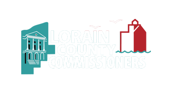 Logo for Lorain County Commissioners with a building illustration and birds in the sky.