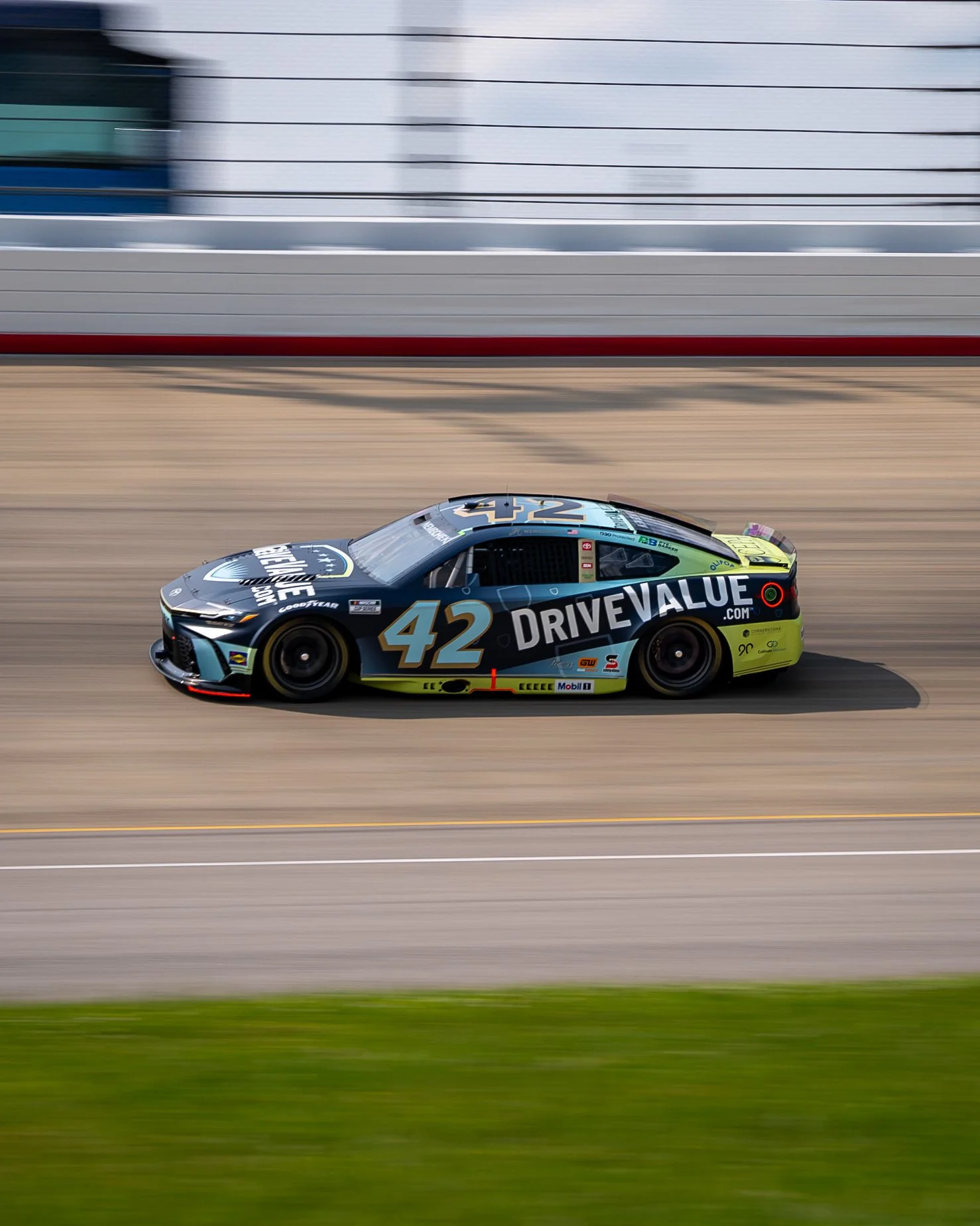 DriveValue.com Car on track at the Nashville Superspeedway June 1, 2025. Driven by John Hunter Nemechek for Legacy Motor Club.