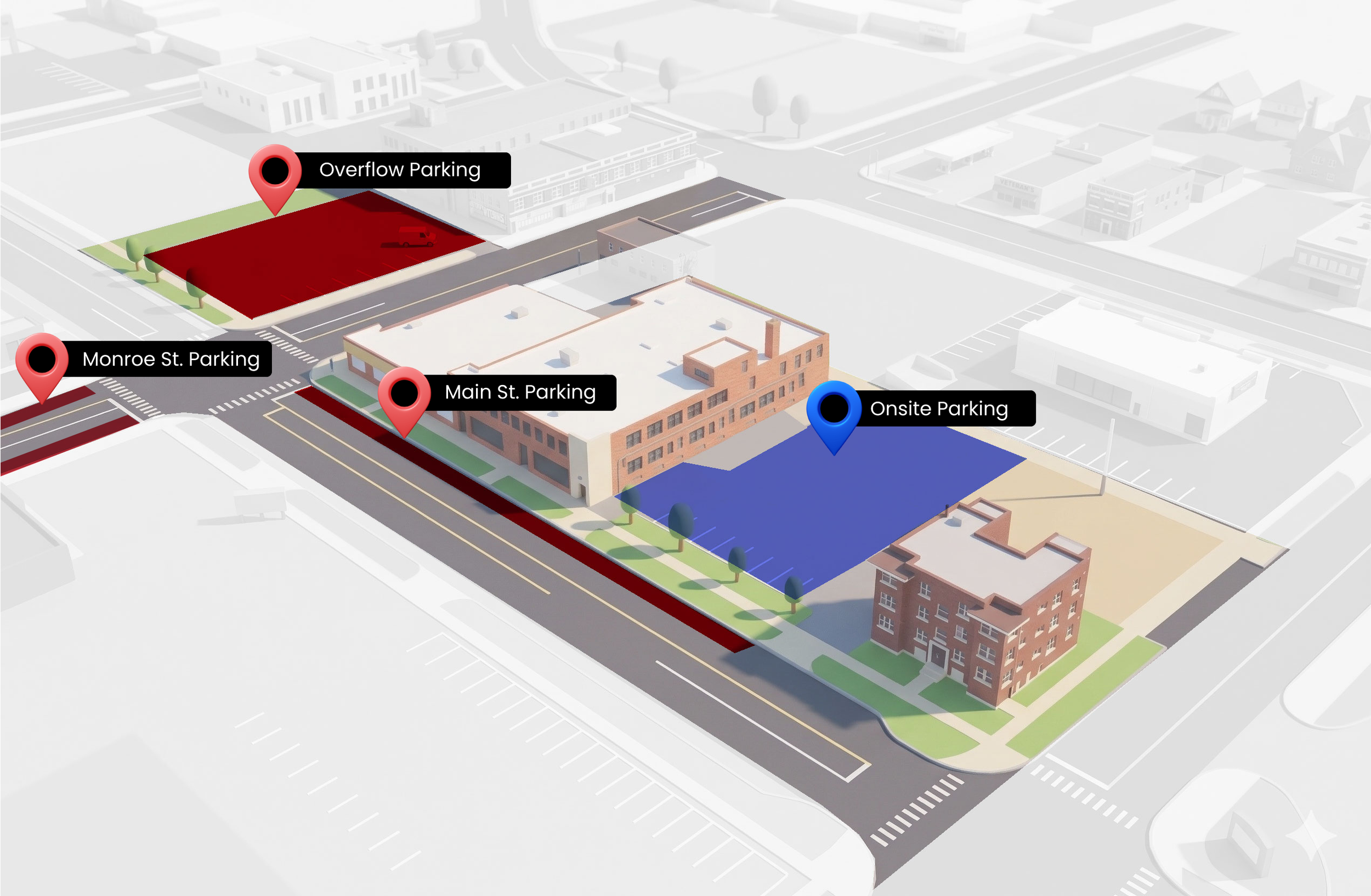 A digital map showing parking areas labeled 'Overflow Parking,' 'Main St. Parking,' 'Monroe St. Parking,' and 'Onsite Parking,' with various buildings and a street.
