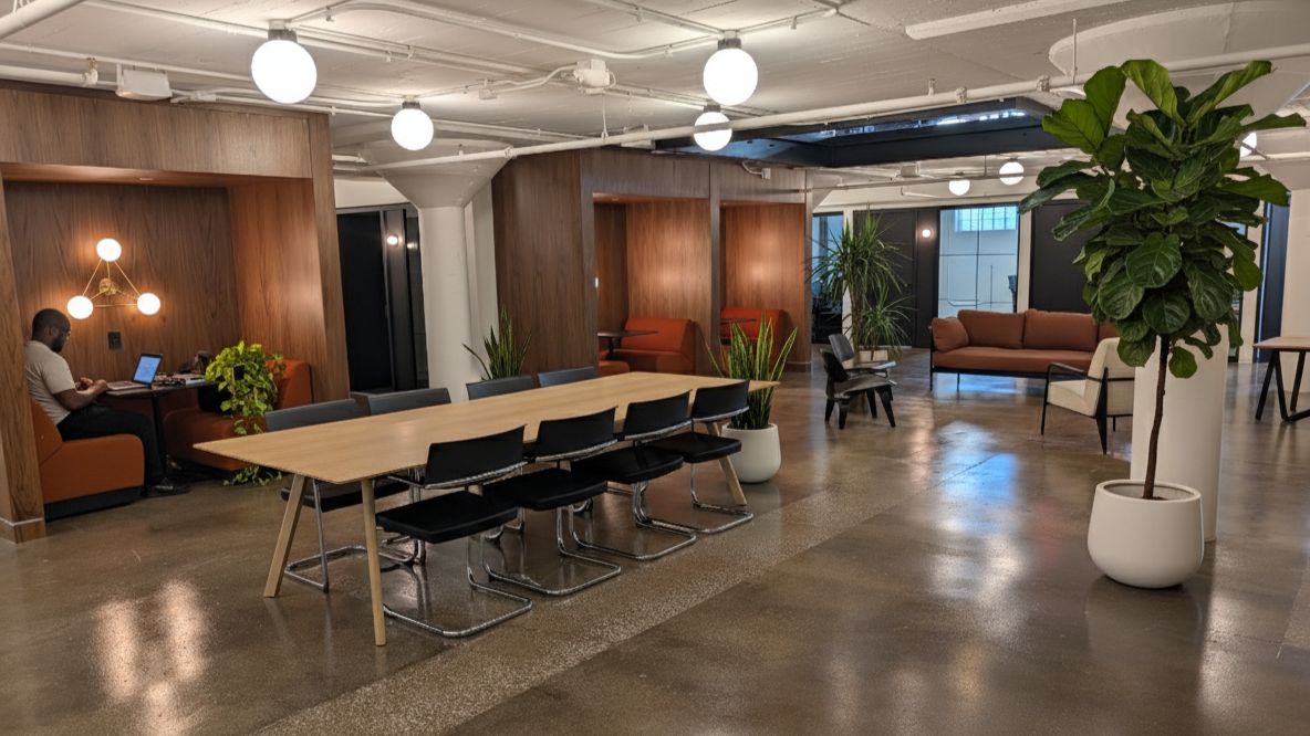 Interior of a modern office lounge area with a large wooden conference table, black chairs, green plants, and seating options including orange and beige sofas and chairs, with ceiling lights and a polished concrete floor.