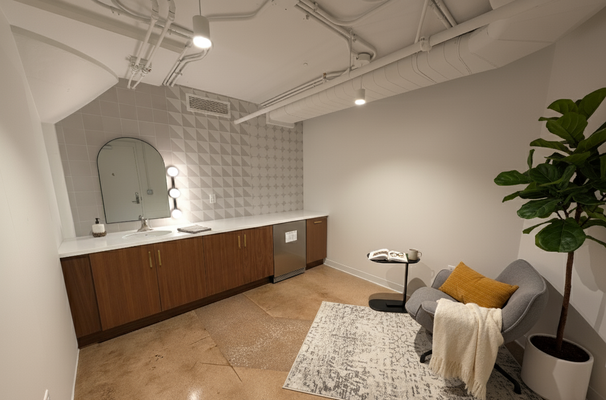 Small modern room with a built-in wooden cabinet, a mirror with lights, a chair with a pillow and throw blanket, a small side table with a book and mug, a potted plant, and exposed ceiling pipes.