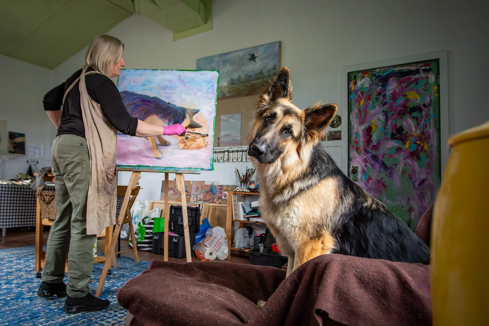 An artist paints with her German shepherd dog on an armchair in the studio.