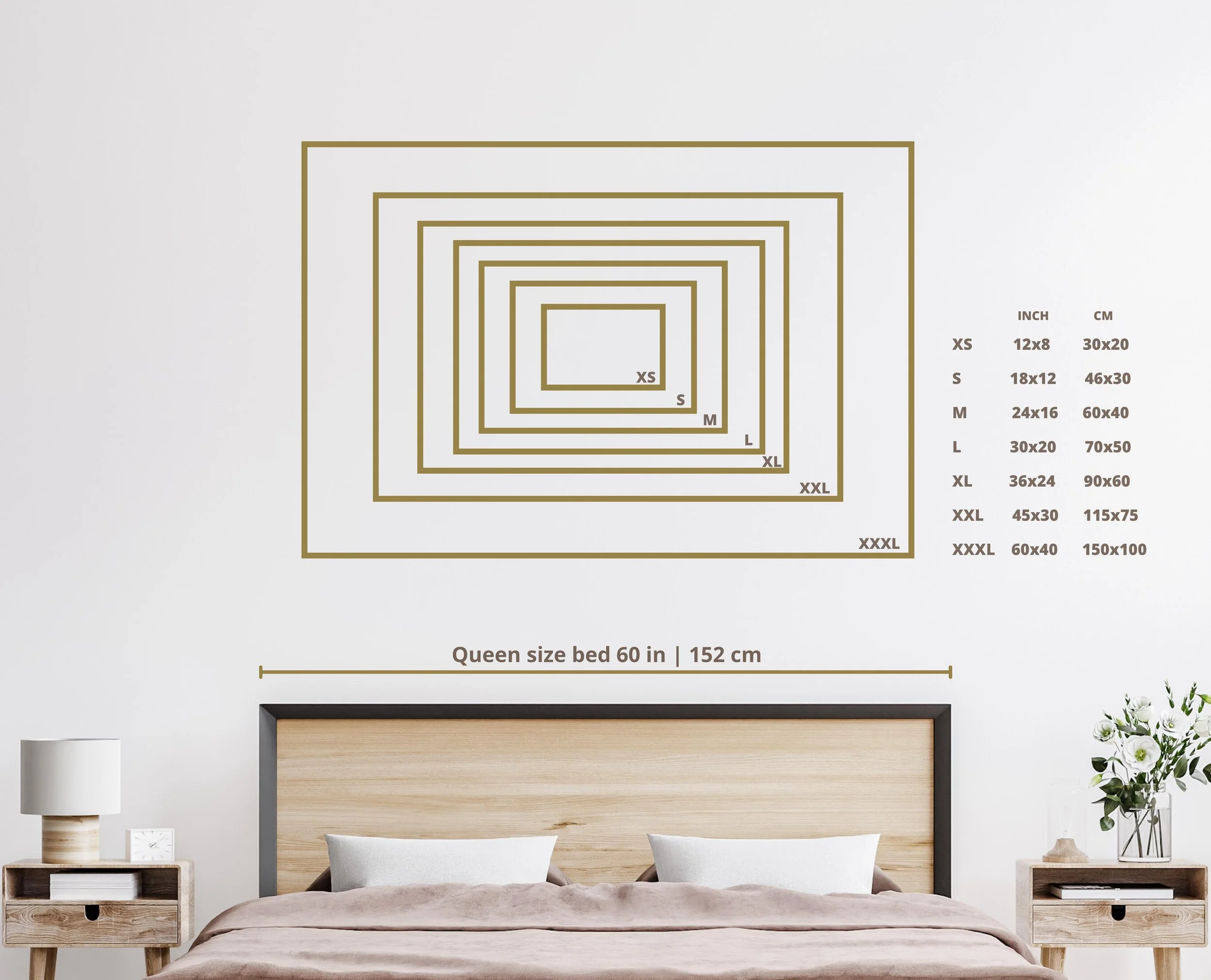 A queen-size bed with a wall art dimensions chart above the headboard