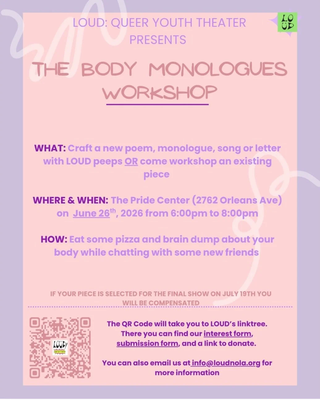 Come join us tomorrow evening at @nolapridecenter for **The Body Monologue** Workshop! 🌈✨

Enjoy some pizza, make some art, and meet new friends. We'd love to see you there! 🍕🎨💖

#LOUDQueerYouthTheatre #NOLAPride #LGBTQYouth #CommunityTheatre #Ne