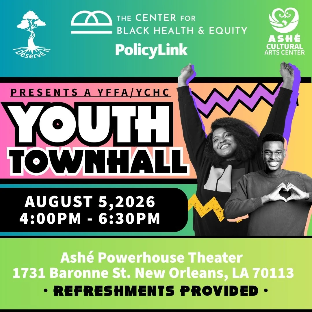 🚨 Calling all youth! 🚨
Come speak up, connect, and make an impact at our Youth Town Hall!

📅 August 5, 2026
🕓 4:00 PM to 6:30 PM
📍 Ash&eacute; Powerhouse Theater
1731 Baronne St., New Orleans, LA 70113
🍴 Refreshments provided!

Your voice matte