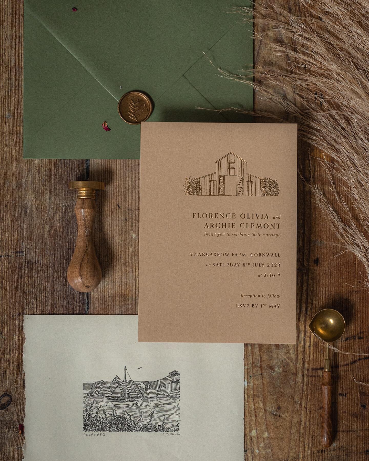 Florence + Archie 

Foil invites with gold wax seals and a bespoke illustration for a wedding at @nancarrowfarmwedding