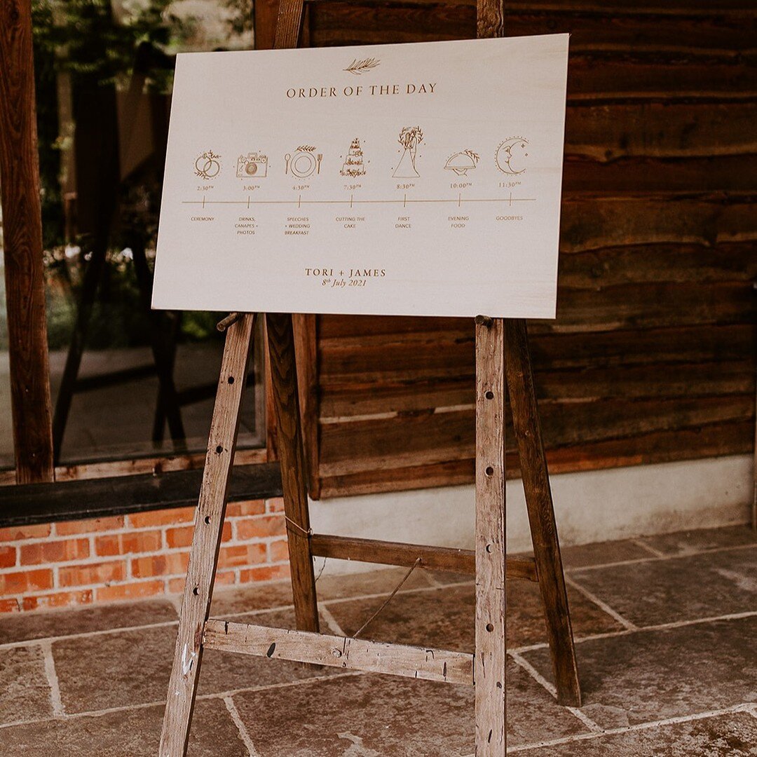 Writing down the order of the day for your guests to see helps them know what delicious things they have to look forward to; when to flock to the dance floor for your first dance, when to hover for a fresh slice of cake, and when they can expect even