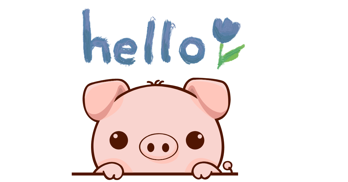 Cute cartoon pig with big eyes, snout, and ears, with the word 'hello' written above in blue letters and a blue flower next to it.