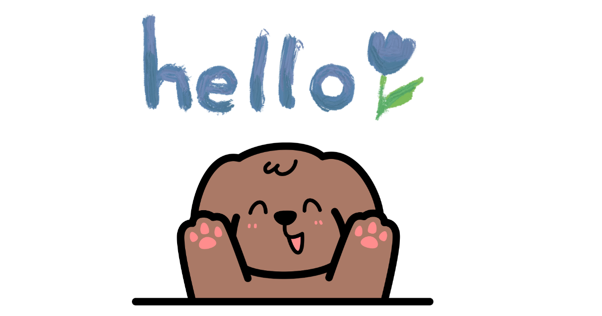 A cute cartoon bear with paws up, smiling happily, with the word 'hello' in blue letters and a flower integrated into the text.