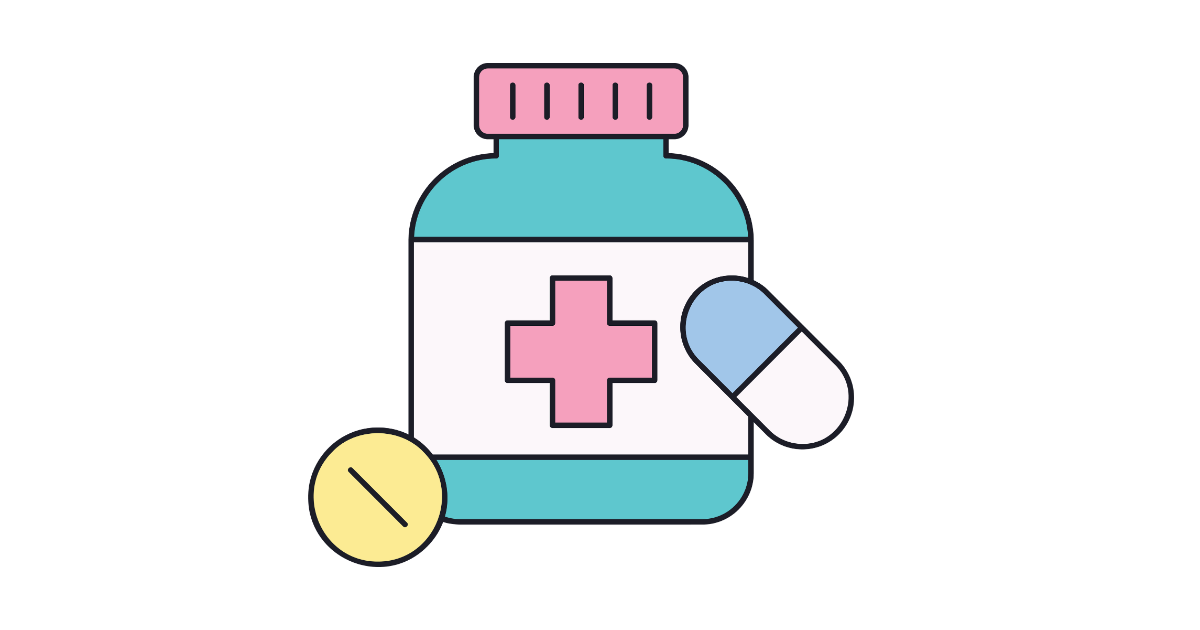 Illustration of a medicine bottle with a pink cross, a blue and white capsule pill, and a yellow pill, representing medication or pharmaceuticals.
