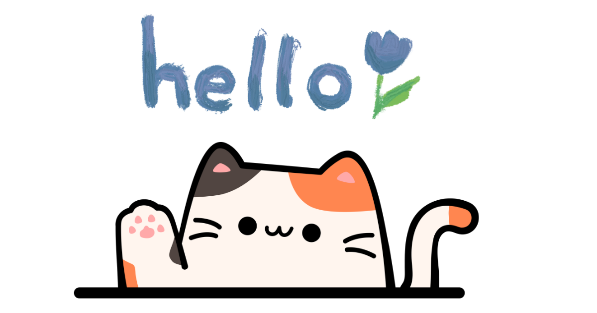 Cute cartoon calico cat with paw raised, smiling with a 'hello' message in blue flowered text.
