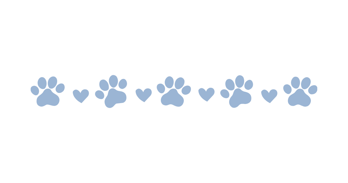 Line of blue paw prints and small hearts on a white background.