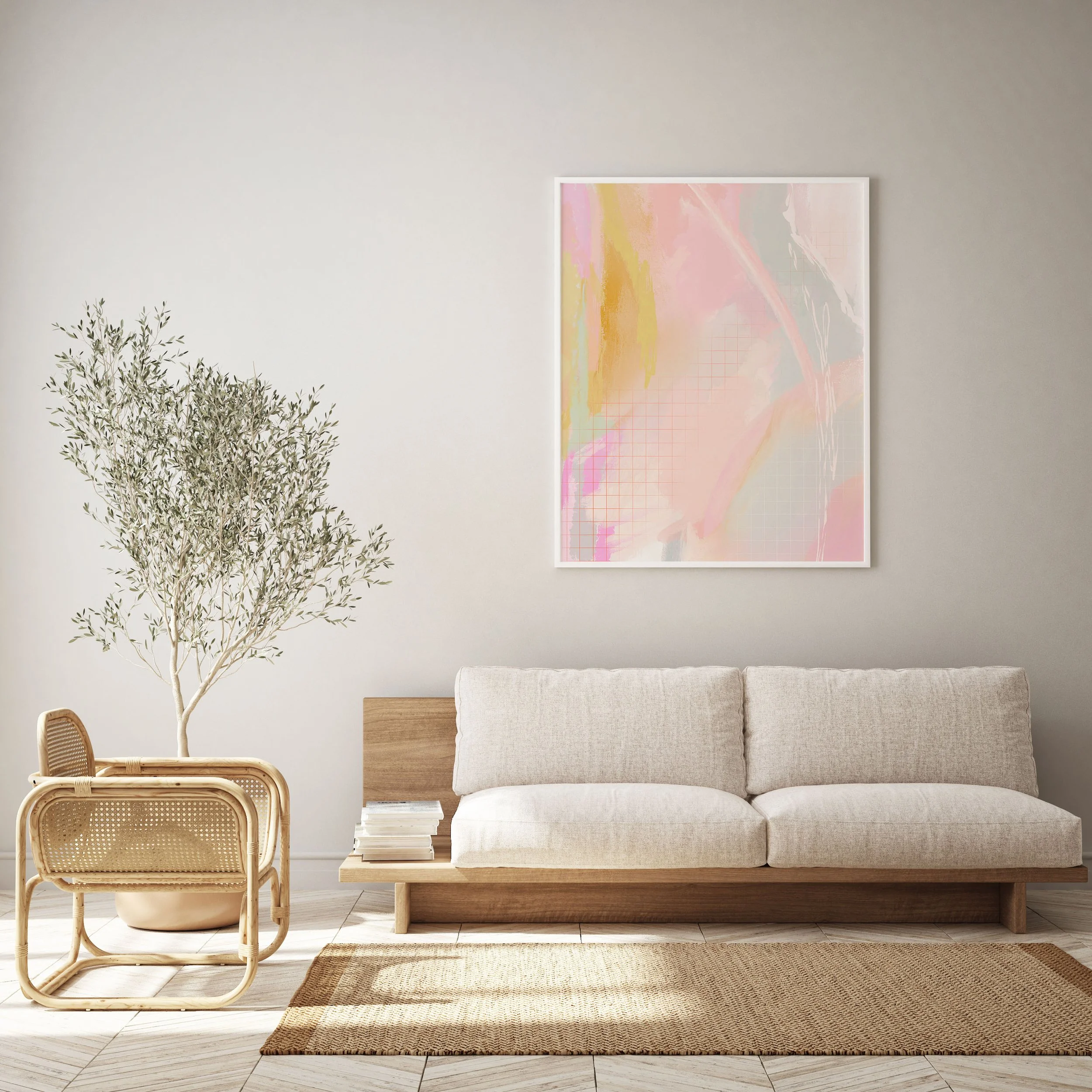 yellow and pink abstract wall print