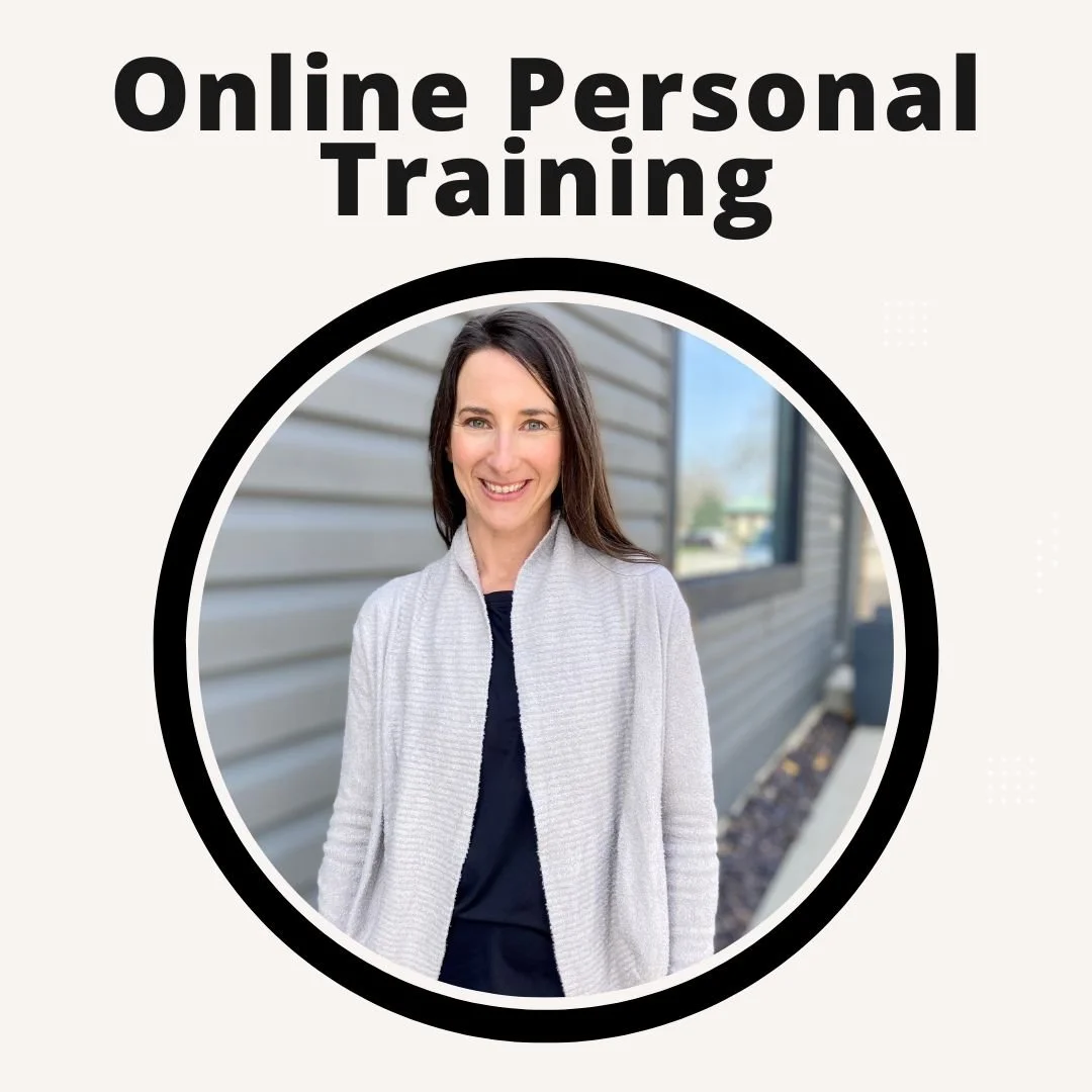 A promotional graphic for online personal training featuring a smiling woman outside near a building with horizontal siding.