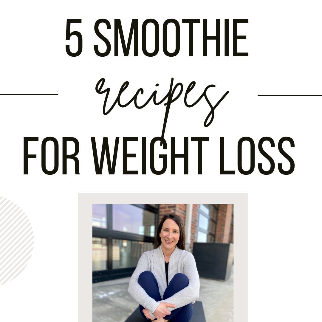 Text reading "5 Smoothie recipes for weight loss" with a smiling woman sitting cross-legged in front of a glass window
