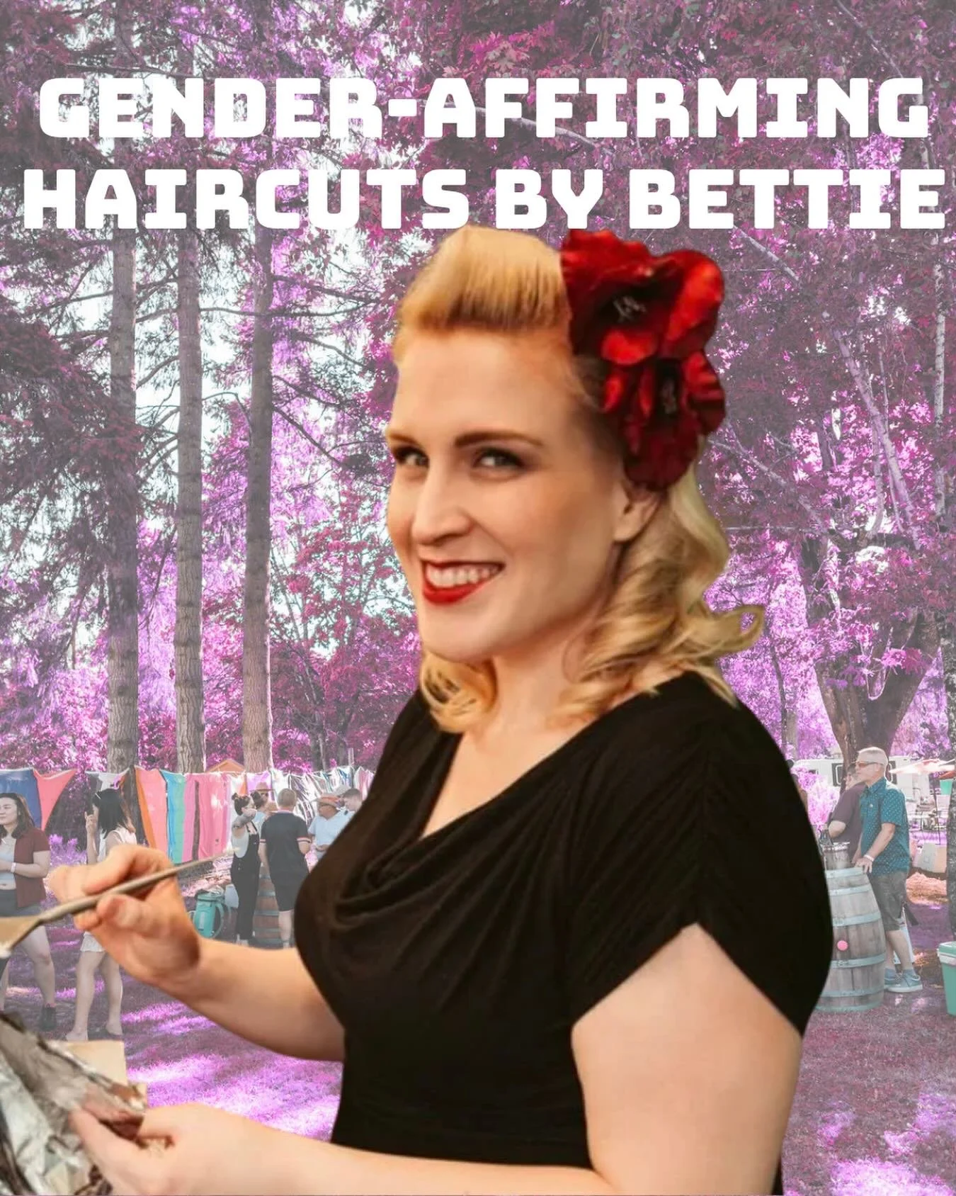 ✨ ✂️💈Gender-affirming haircuts are back at QWF

And yeah, we know, haircuts at a wine festival sounds a little weird.
Until you experience it. Then it suddenly makes perfect sense. 💇🌈🍷

Bettie from Bombshell Transformations will be bringing joy, 