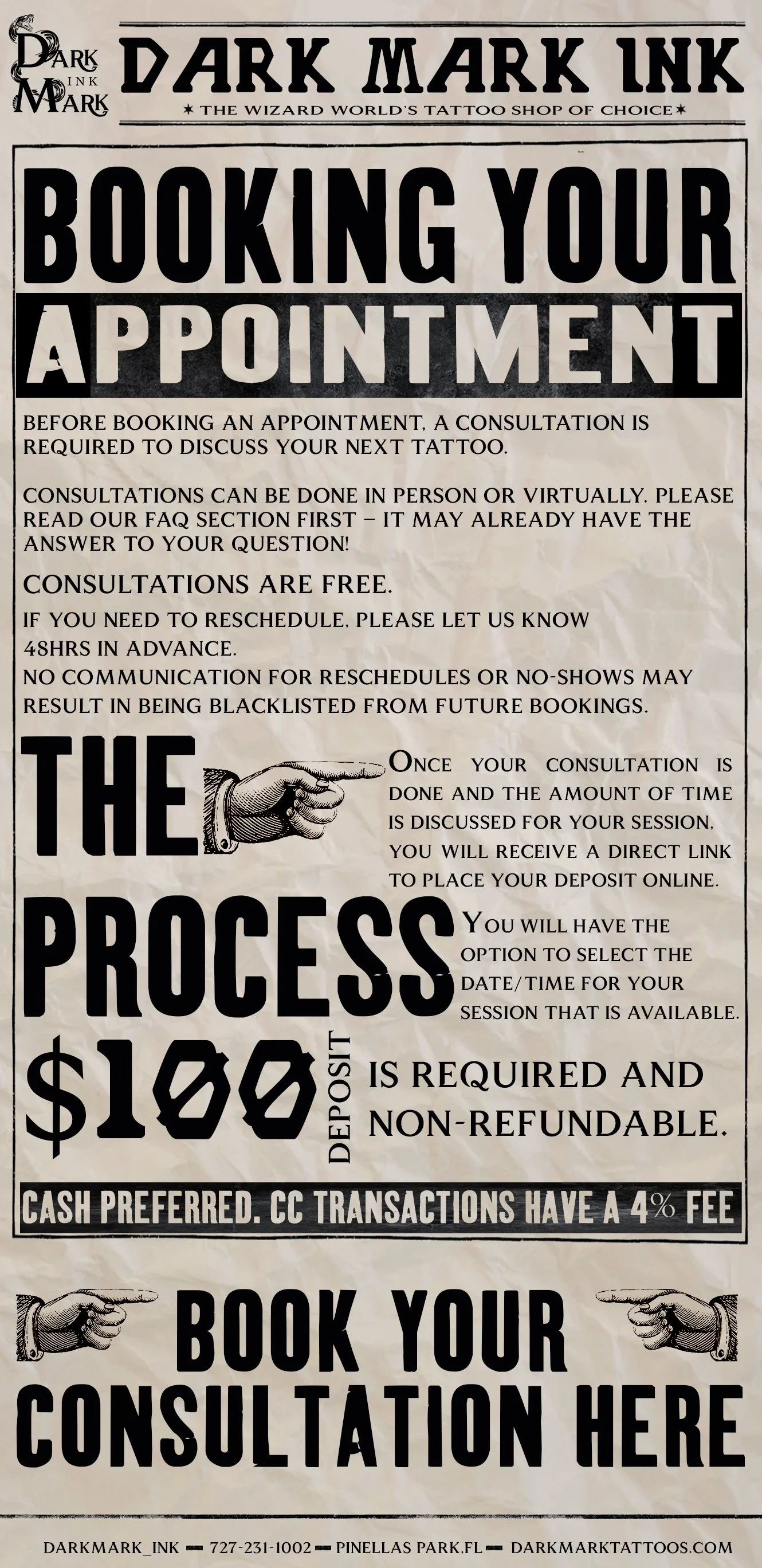 Sign for Dark Mark Ink tattoo shop advertising booking appointments, consultation, and deposit details, including a price of $100, with a pointing hand graphic.