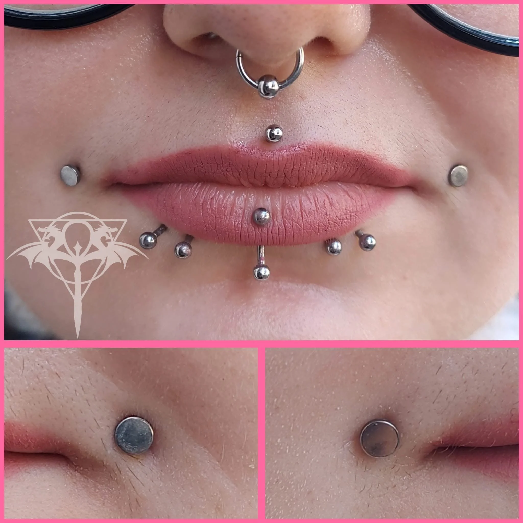 Close-up of a person's face with multiple facial piercings, including a septum ring, labret, and piercings on the sides of the lips, also on the nose. The person has light skin, is wearing black glasses, and has matte pink lipstick. The image feature