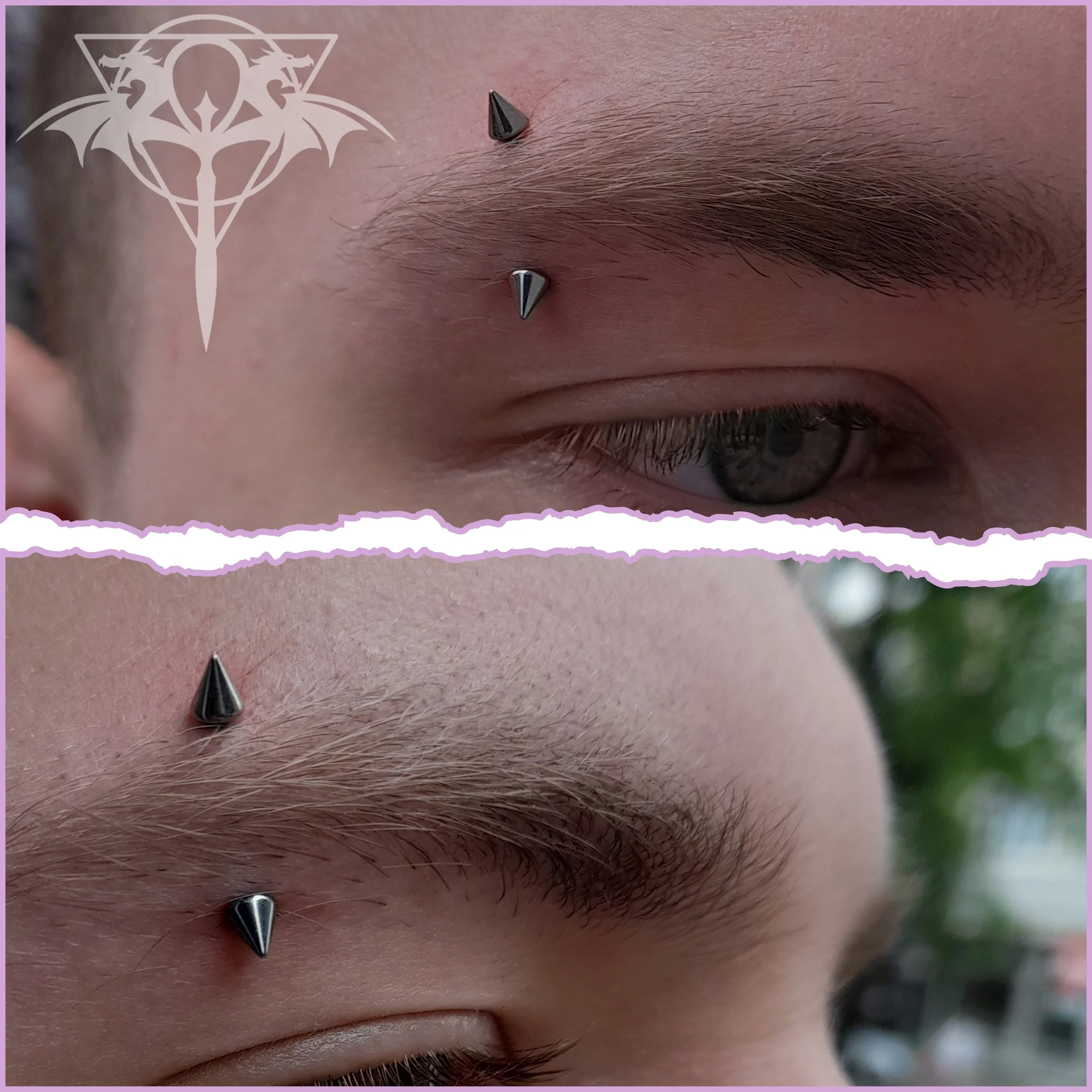 Close-up of two eyebrows with metal spikes piercing through the skin in a tattooed style, one above the eye and one on the cheek.