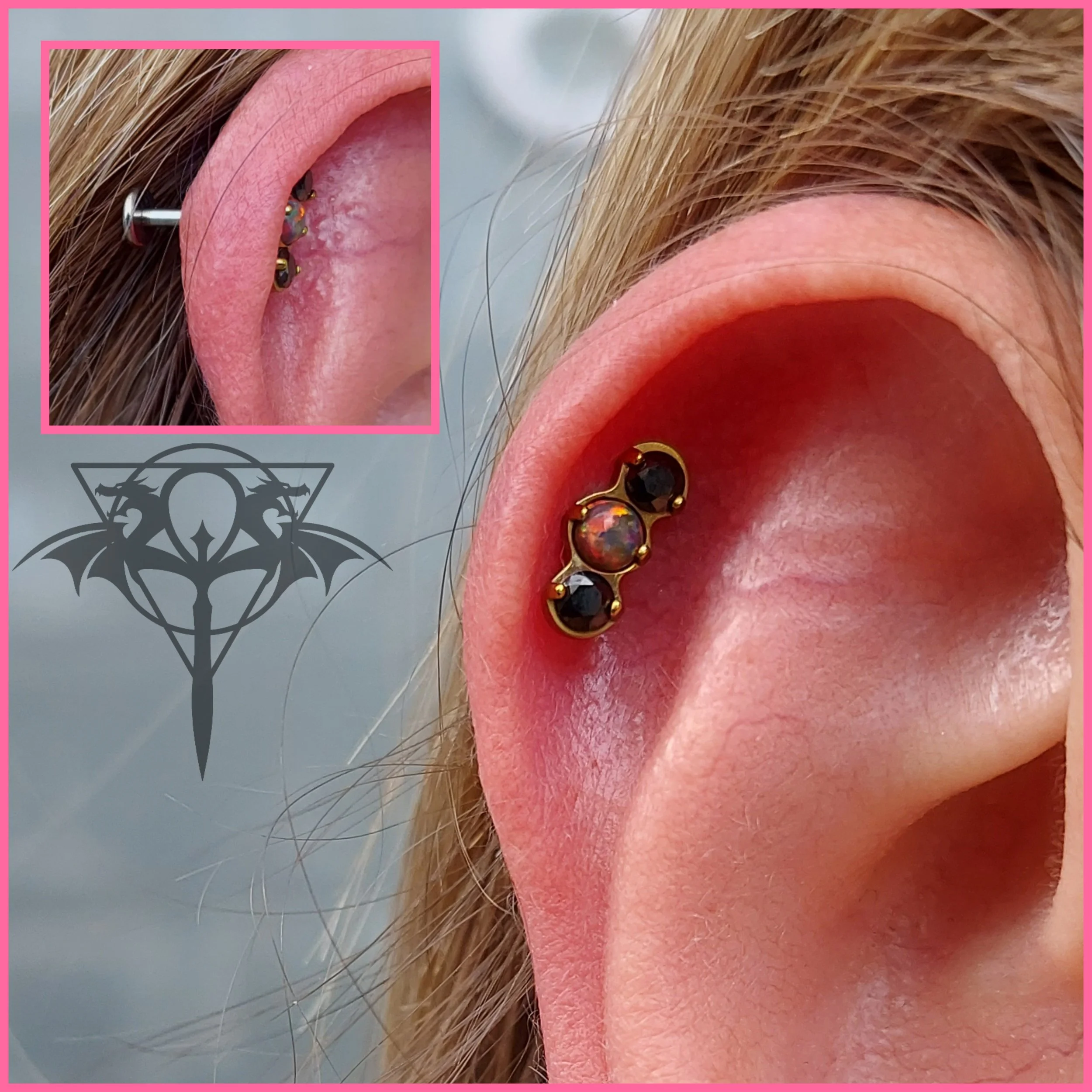 Close-up of a human ear with a cartilage piercing, featuring a gold crescent-shaped jewelry with three gemstones, two black and one with a multicolored iridescence.