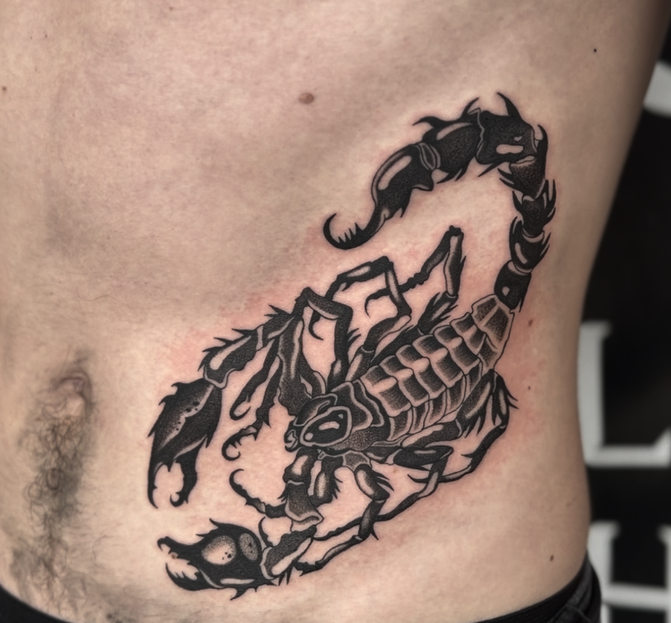 Blackwork scorpion tattoo by Kayla at  Dark Mark Ink Tattoo Studio