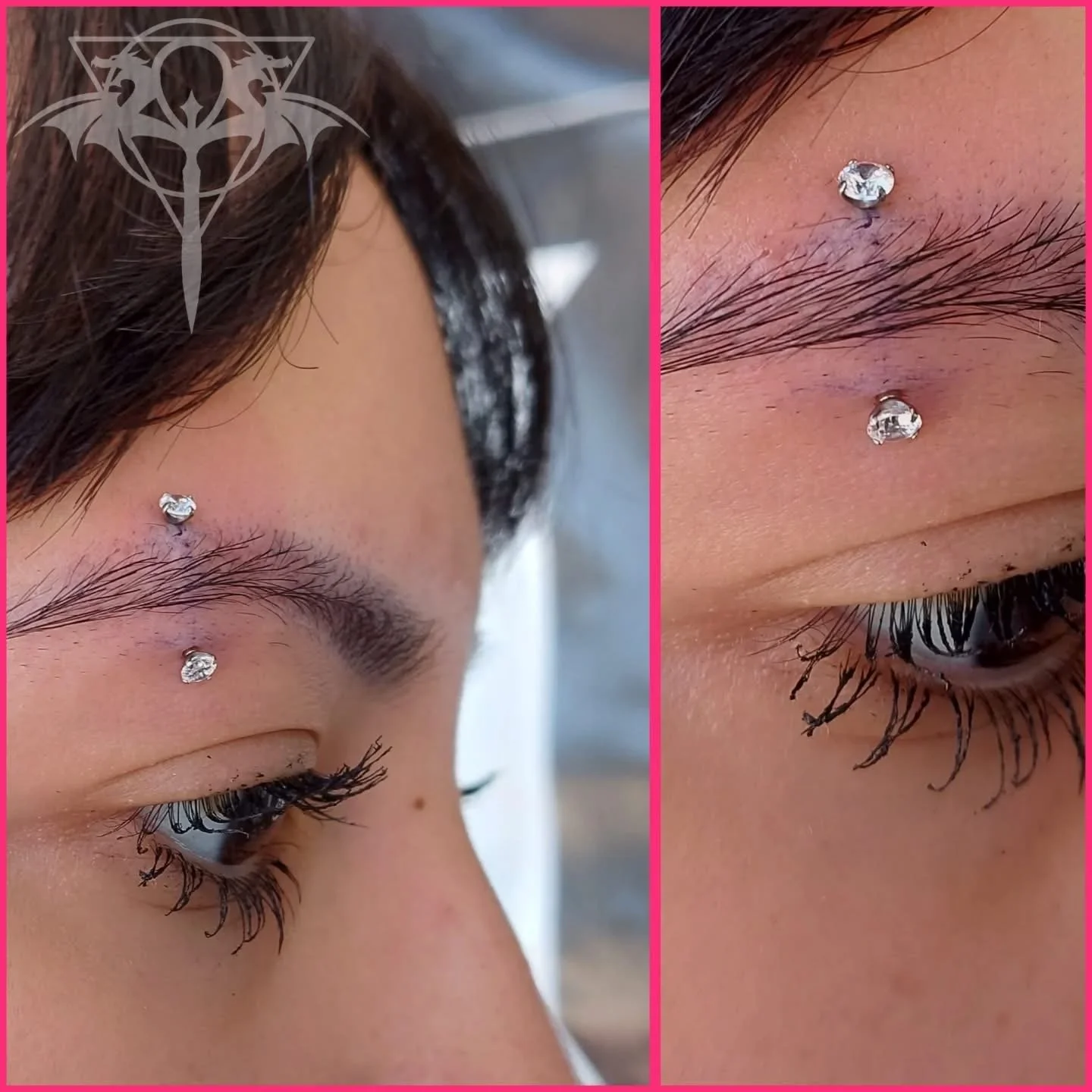 Close-up of a person's face showing two piercings above their left eyebrow with small, clear, rounded jewelry. The person has long eyelashes, a well-defined eyebrow, and dark hair.
